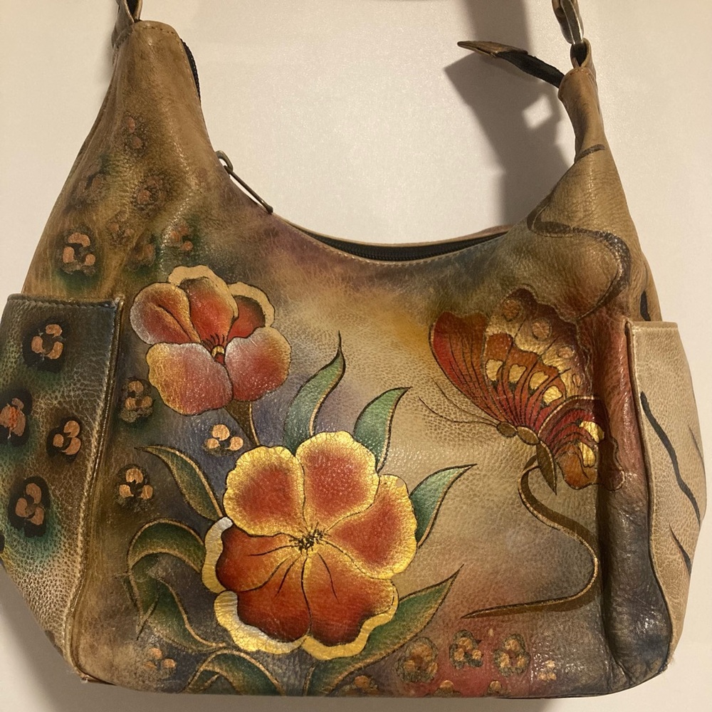Anuschka Hand-Painted Leather Shoulder Bag – Floral & Butterfly Design